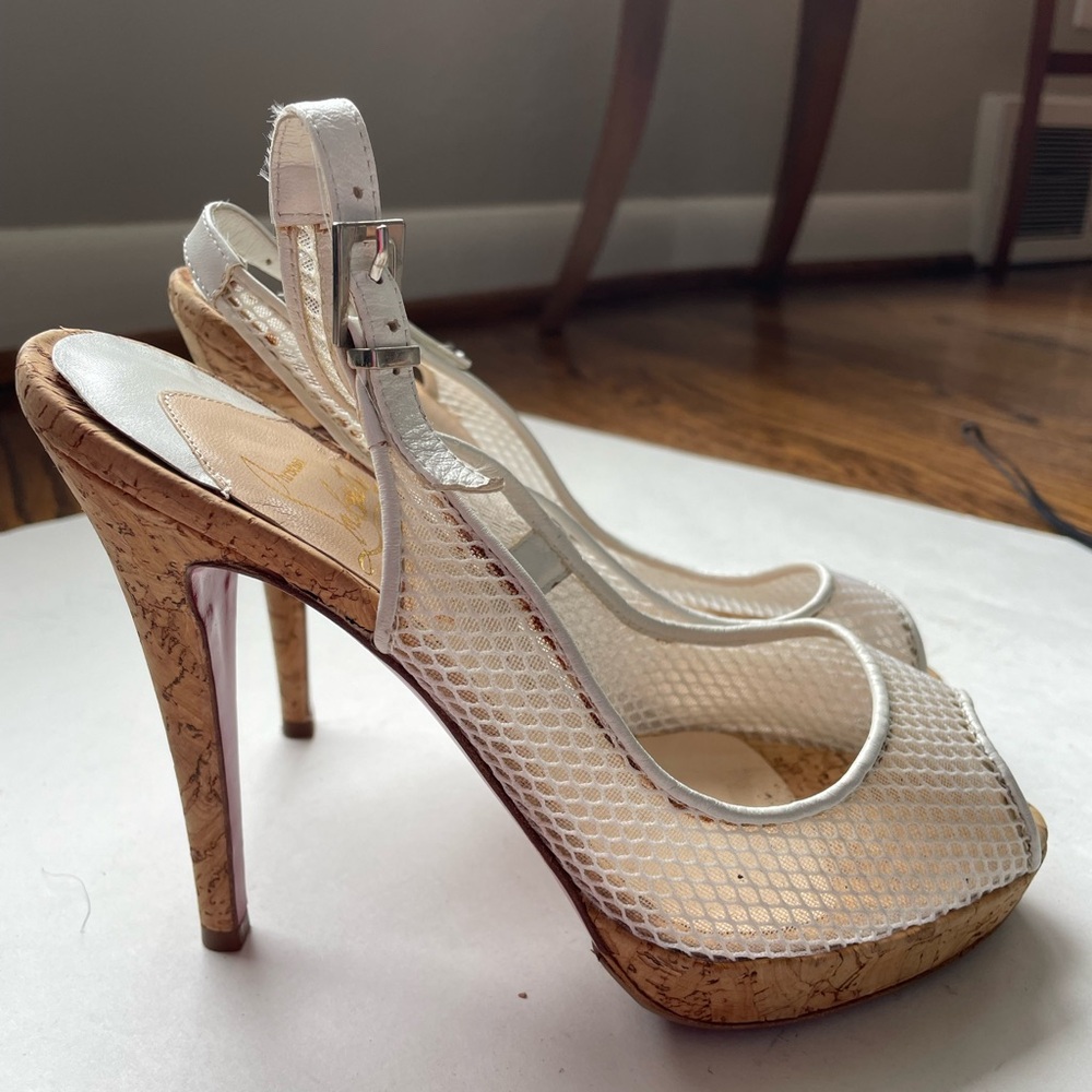 Christian Louboutin Mademoiselle White Mesh Cork Heels